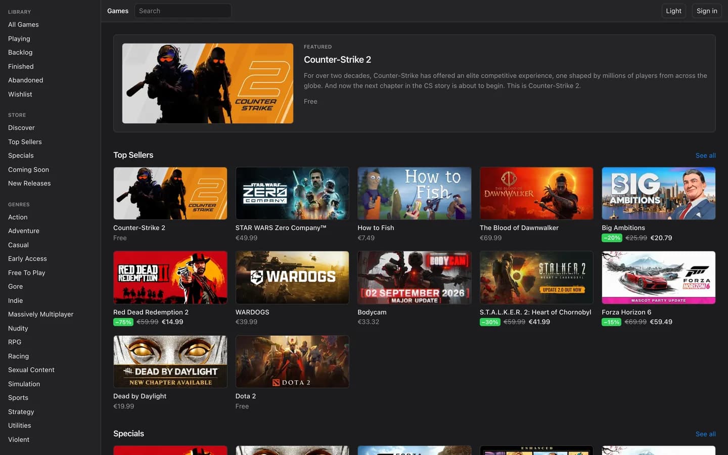 Games DB's home page: a featured game banner above a Top Sellers grid of game cover art, prices, and discount badges.