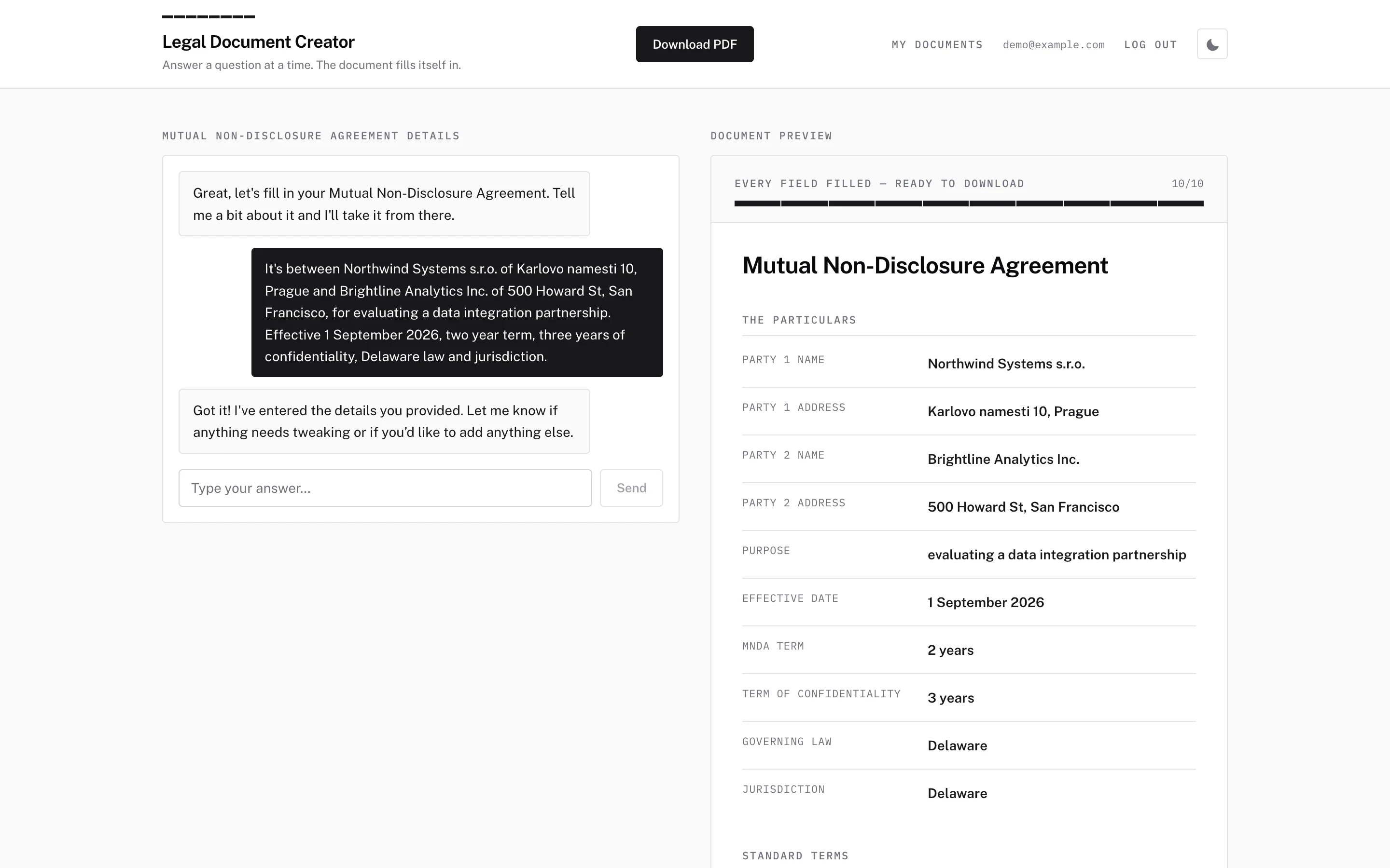 The app filling in a mutual NDA: chat transcript on the left, live document preview on the right showing all ten fields completed.