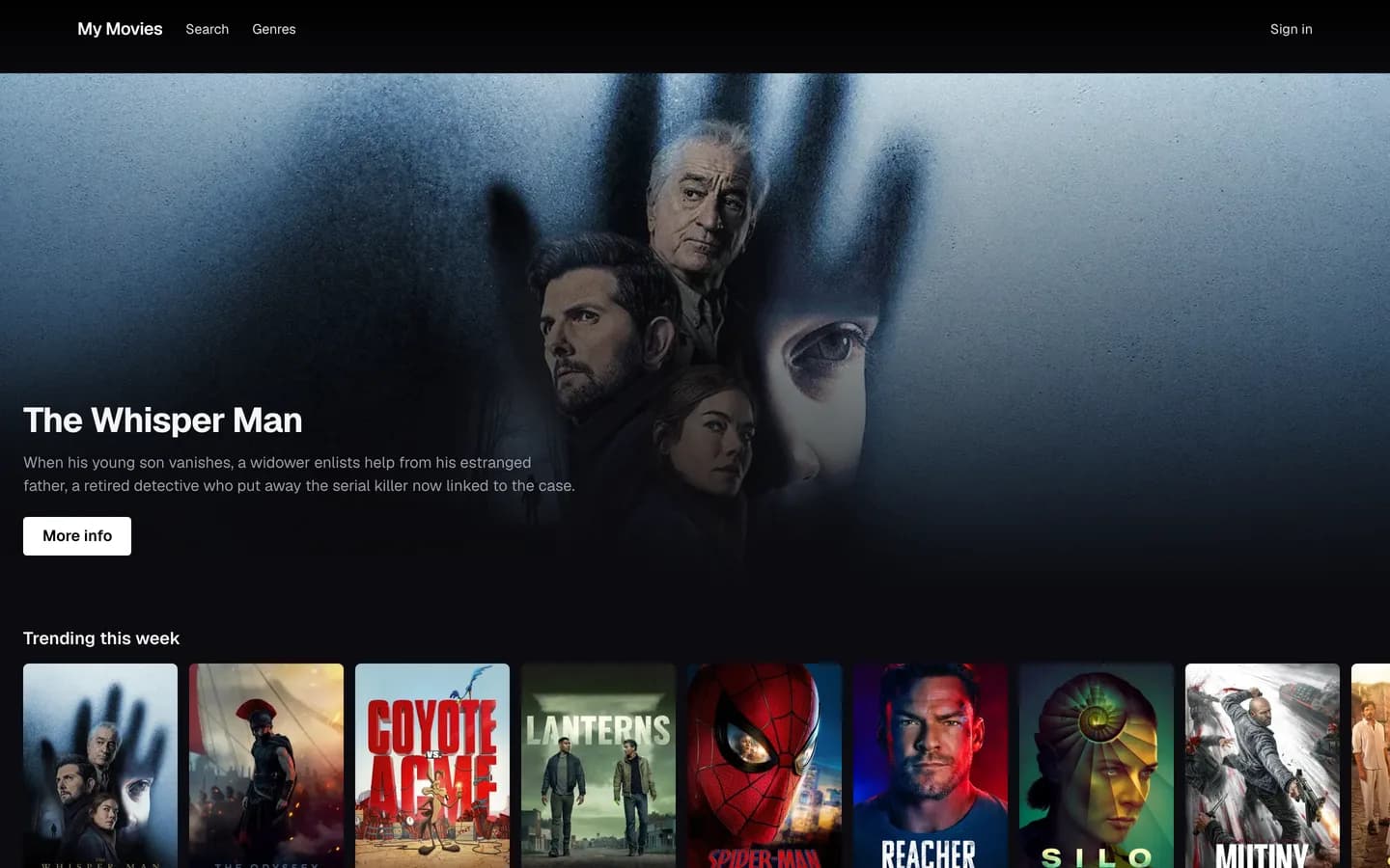 My Movies' home page: a full-bleed hero for a trending title with its synopsis and a More Info button, above a Trending This Week row of poster thumbnails.