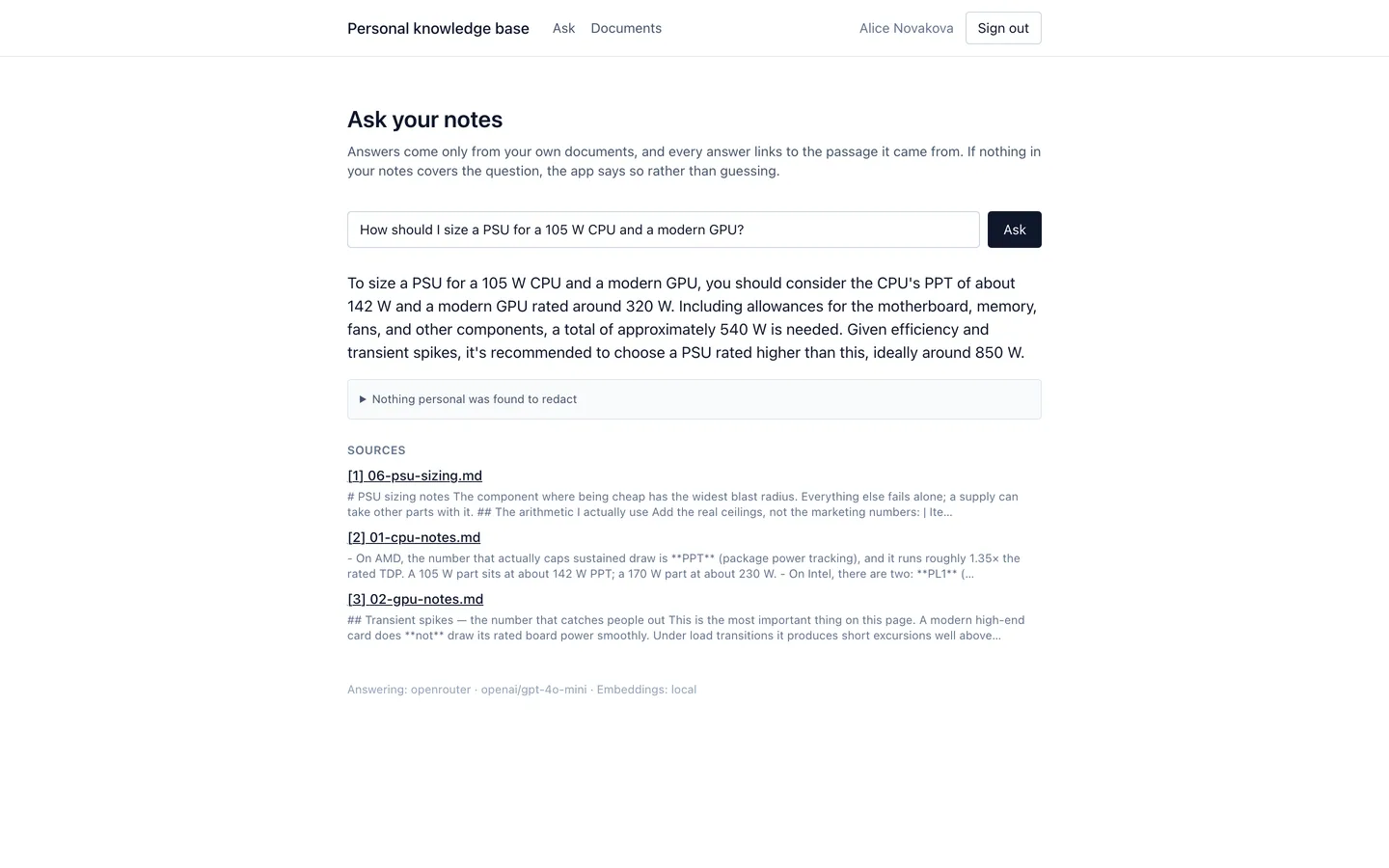 The Ask screen answering a question about sizing a power supply: the reply works from a 142 W processor figure and a 320 W card up to an 850 W supply, and under it three cited sources, each linking to a different document in the knowledge base.